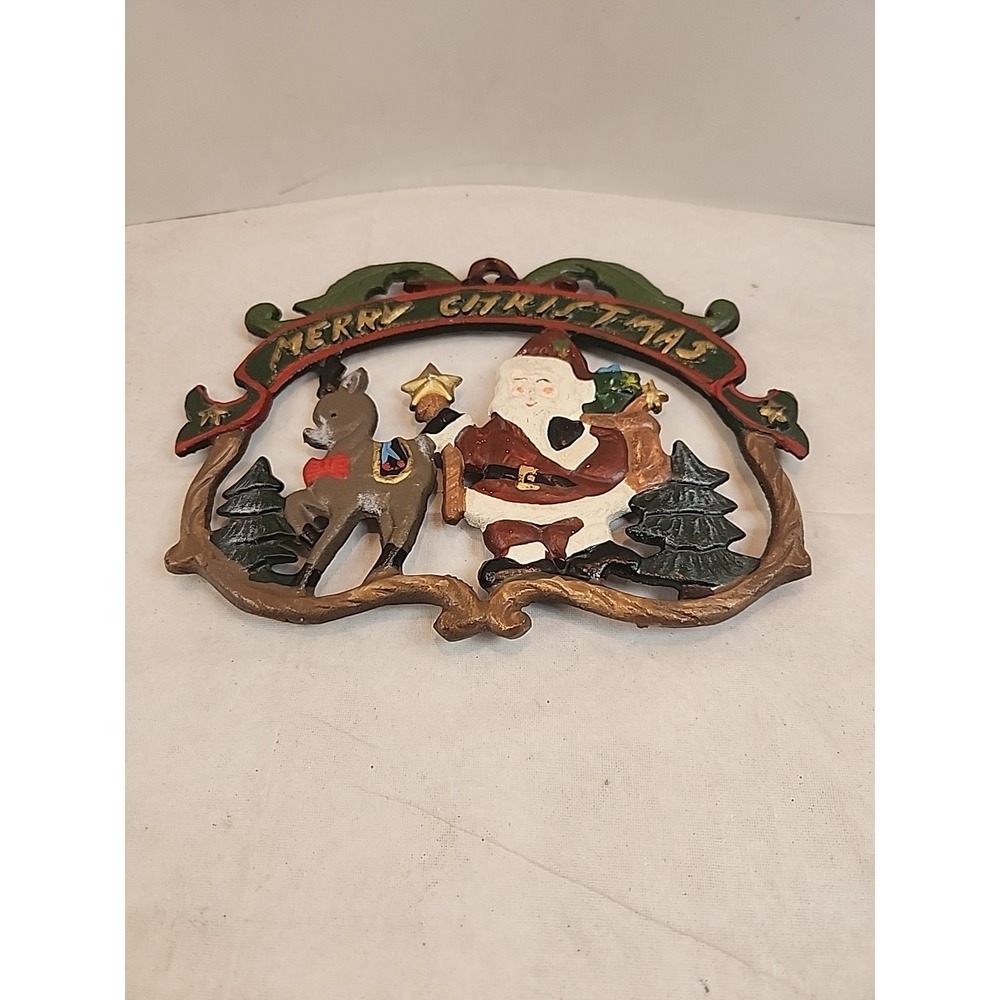 Vintage‎ Cast Iron Christmas Trivet Santa And Reindeer Merry Christmas 8" X 6"